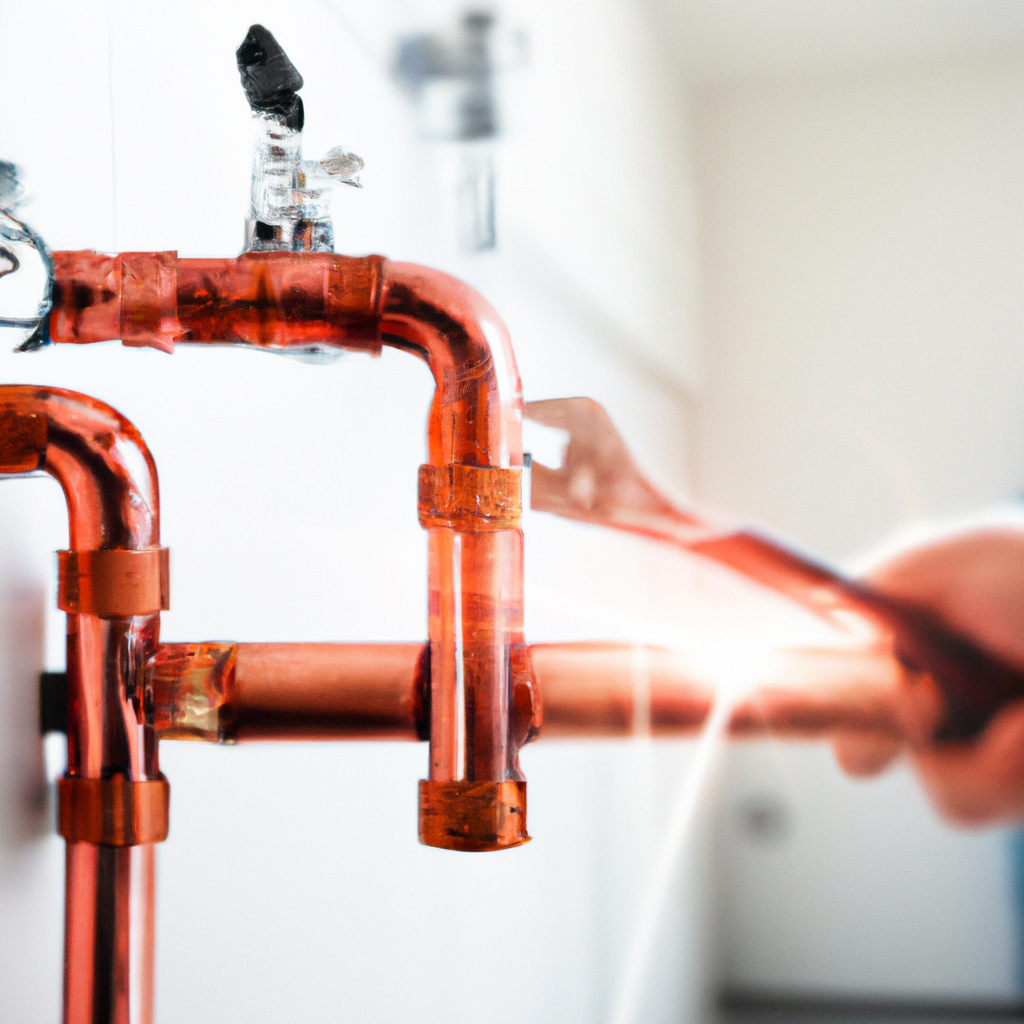 Professional plumber working with copper pipes and a wrench in a modern bathroom